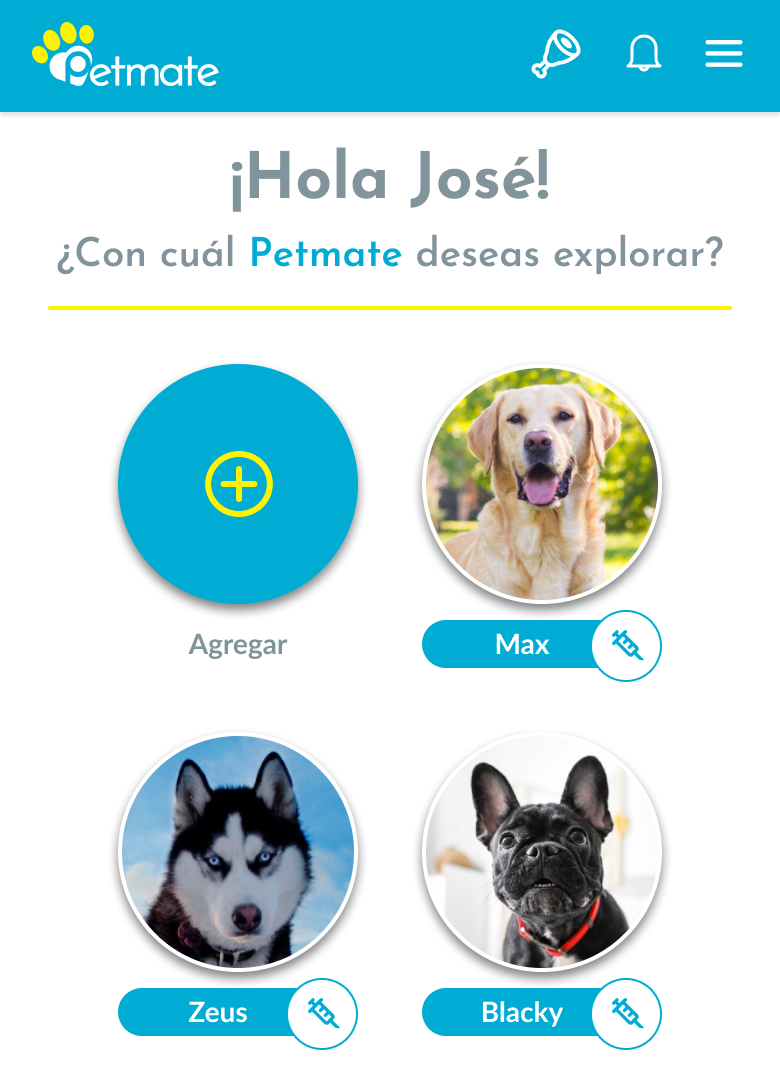 App de Petmate mostrando el perfil y los recordatorios de una mascota